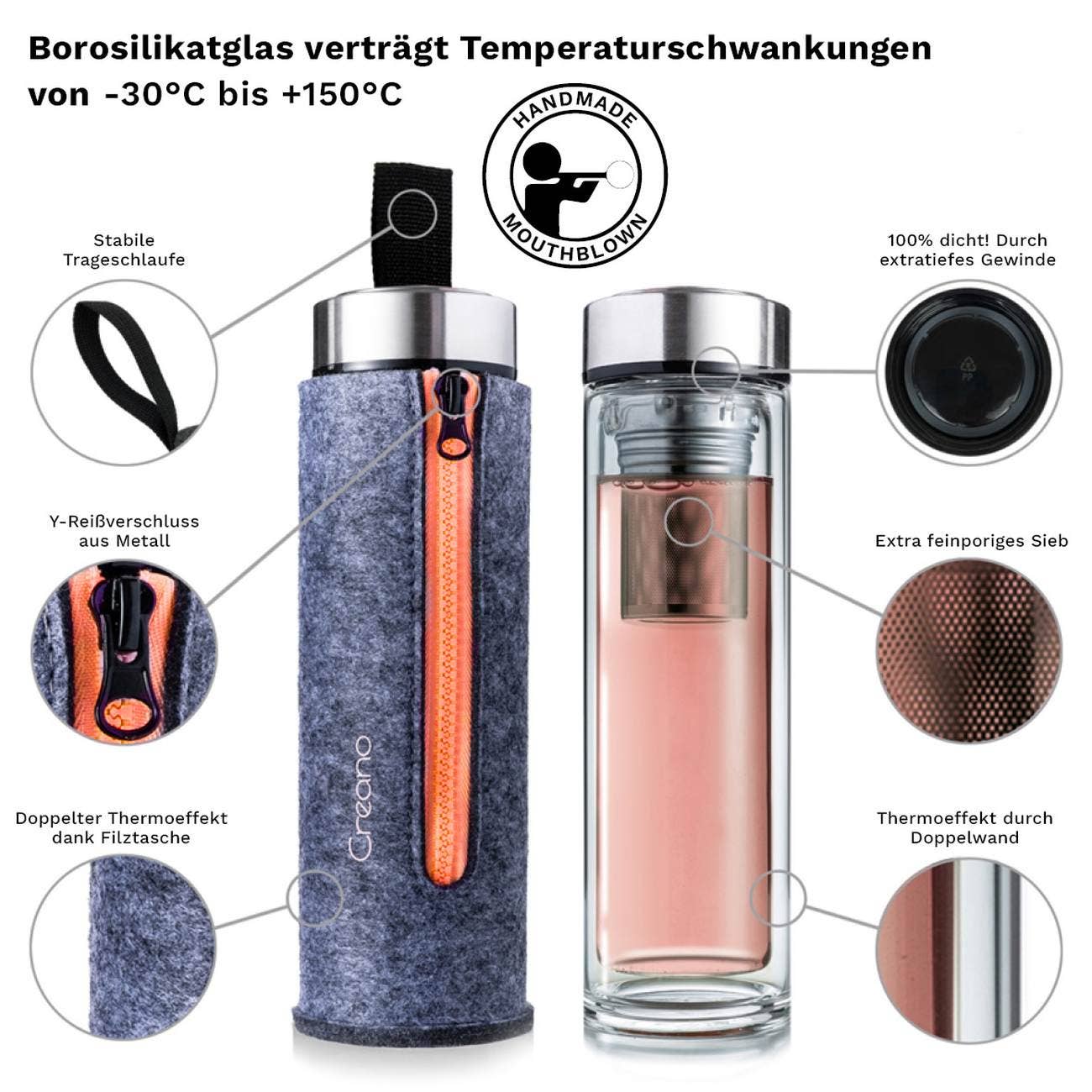 Infuser - Teamaker cu perete dublu incl. husa fetru 400ml; portocaliu