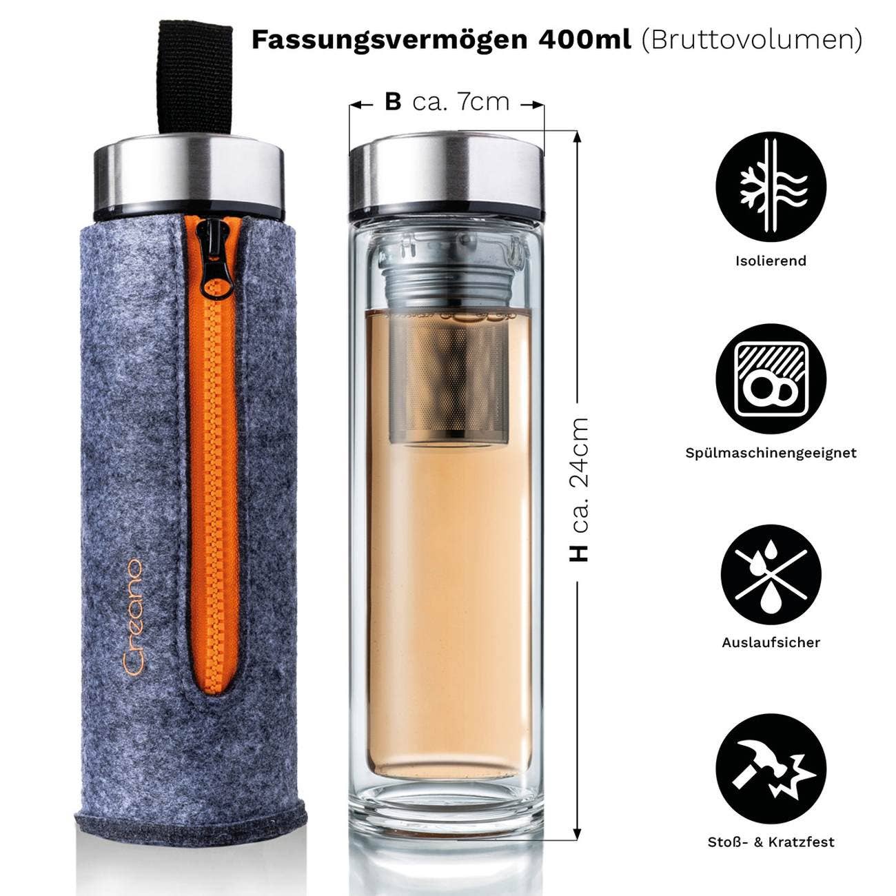 Infuser - Teamaker cu perete dublu incl. husa fetru 400ml; portocaliu